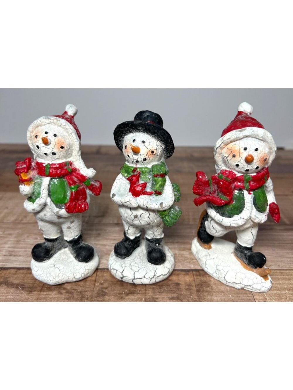 Set Of 3 Festive Snowman Figurines With Red & Green Accents